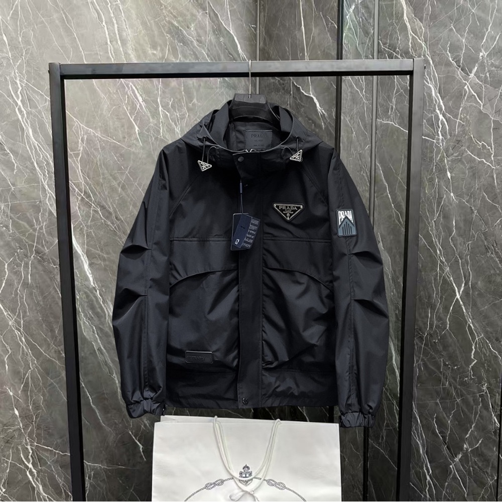 Prada Black Hooded Shell Jacket with Logo Patch